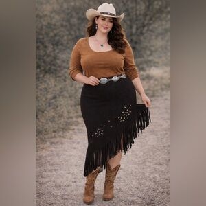 Fringed, laser cutouts asymmetrical hem, black maxi skirt - XXL- elastic waist